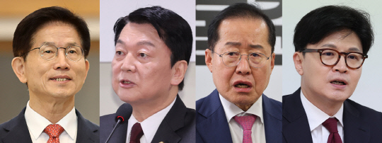 왼쪽부터 김문수 전 고용노동부 장관, 안철수 국민의힘 의원, 홍준표 전 대구시장, 한동훈 전 국민의힘 대표. [연합뉴스]